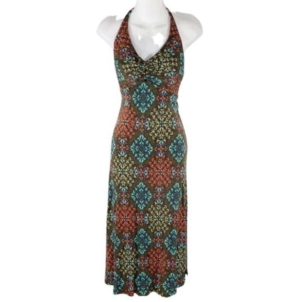 Etcetera brown printed halter midi dress N20